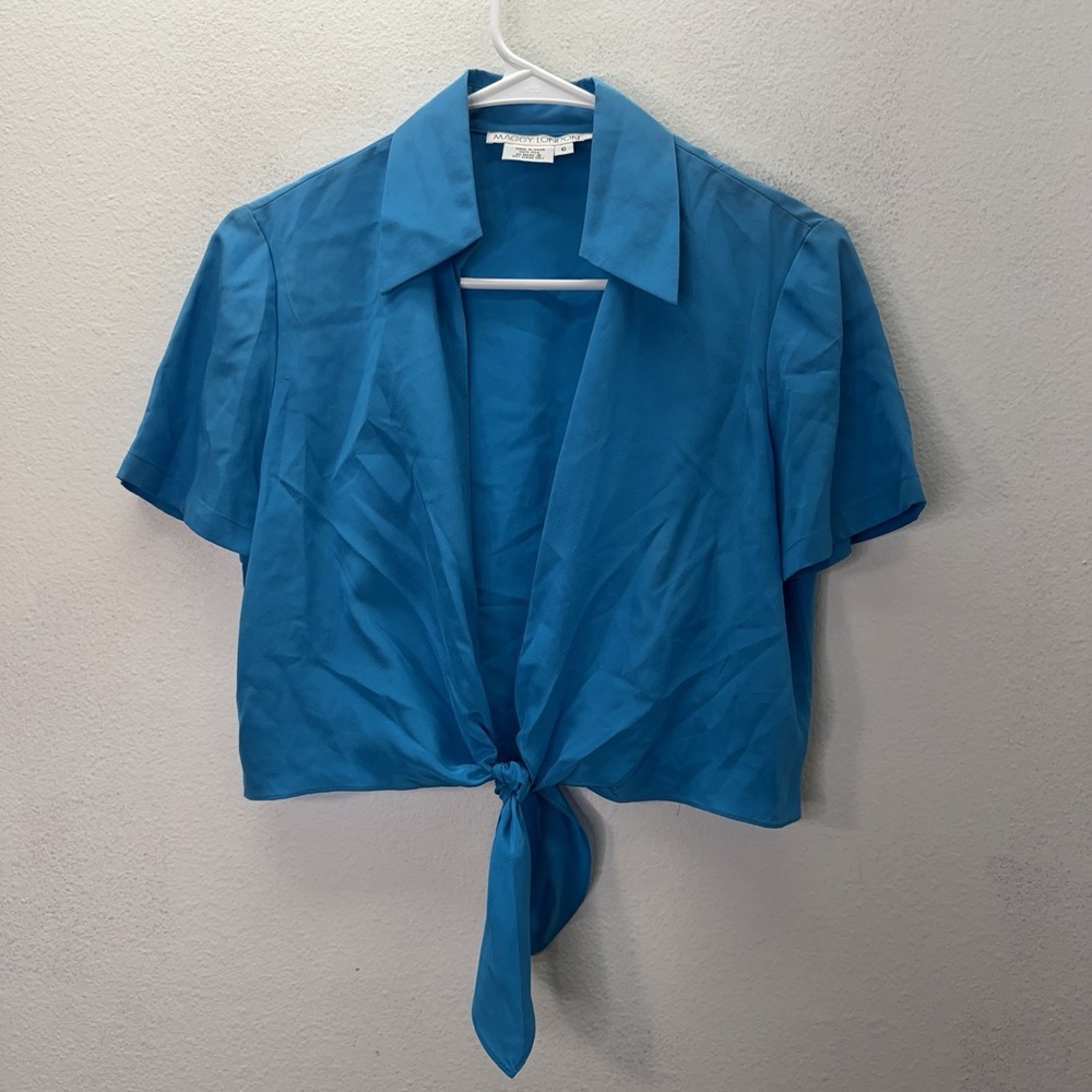 VTG Maggy London Blue Tie Front Cover Up Top 100% Silk Cardigan Layering Cropped